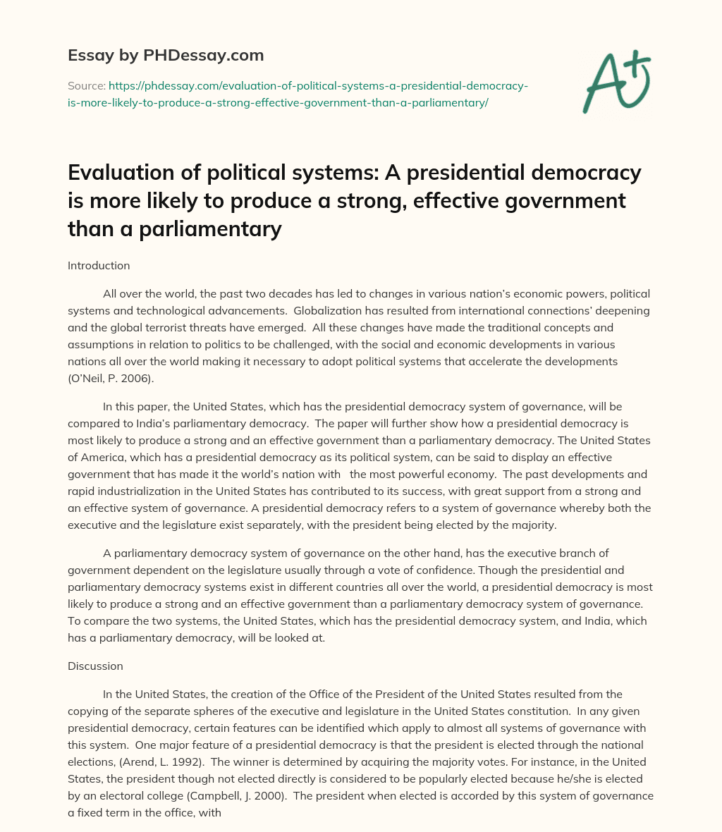 Comparison of Presidential and Parliamentary Democracy: Why Presidential Democracy is More Effective essay