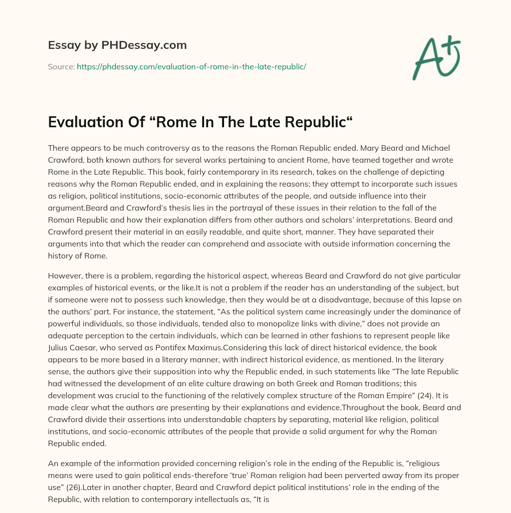 Evaluation Of “Rome In The Late Republic“ essay