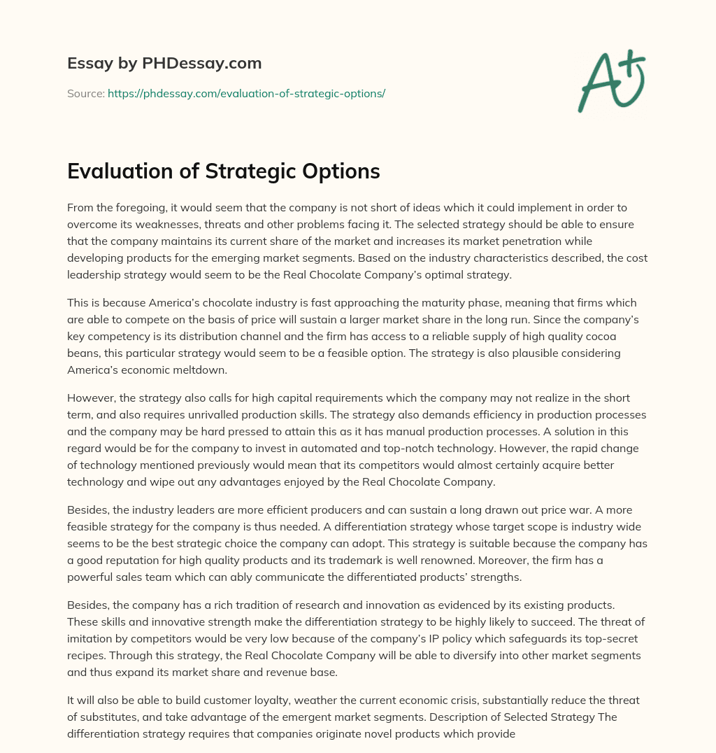 Evaluation of Strategic Options essay