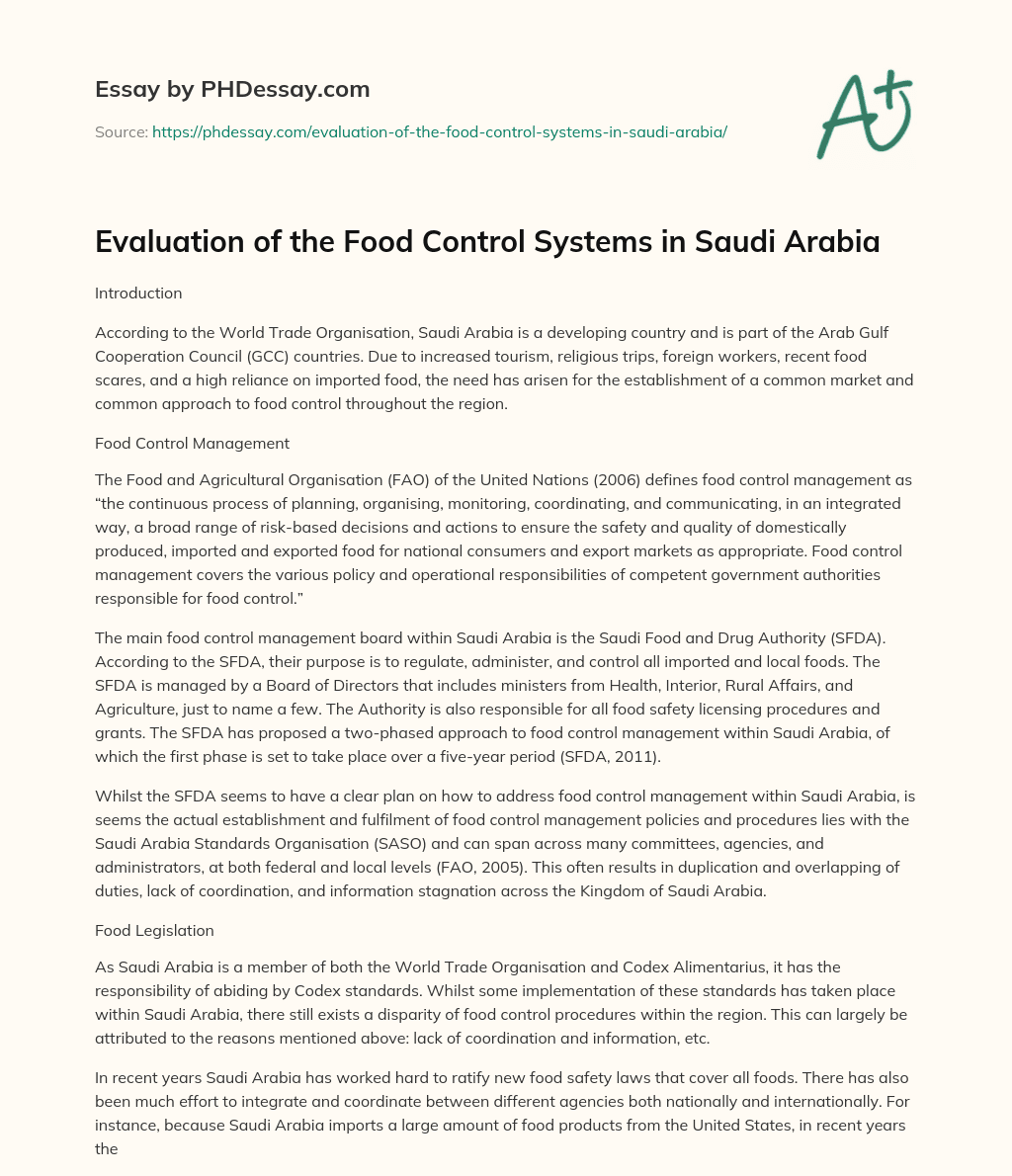 Evaluation of the Food Control Systems in Saudi Arabia essay