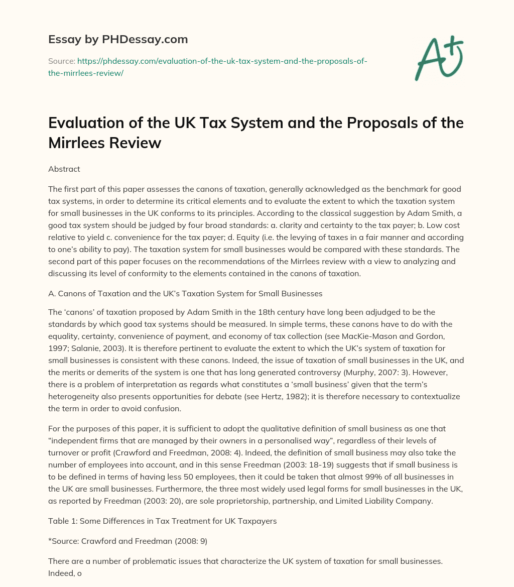 Evaluation of the UK Tax System and the Proposals of the Mirrlees Review essay
