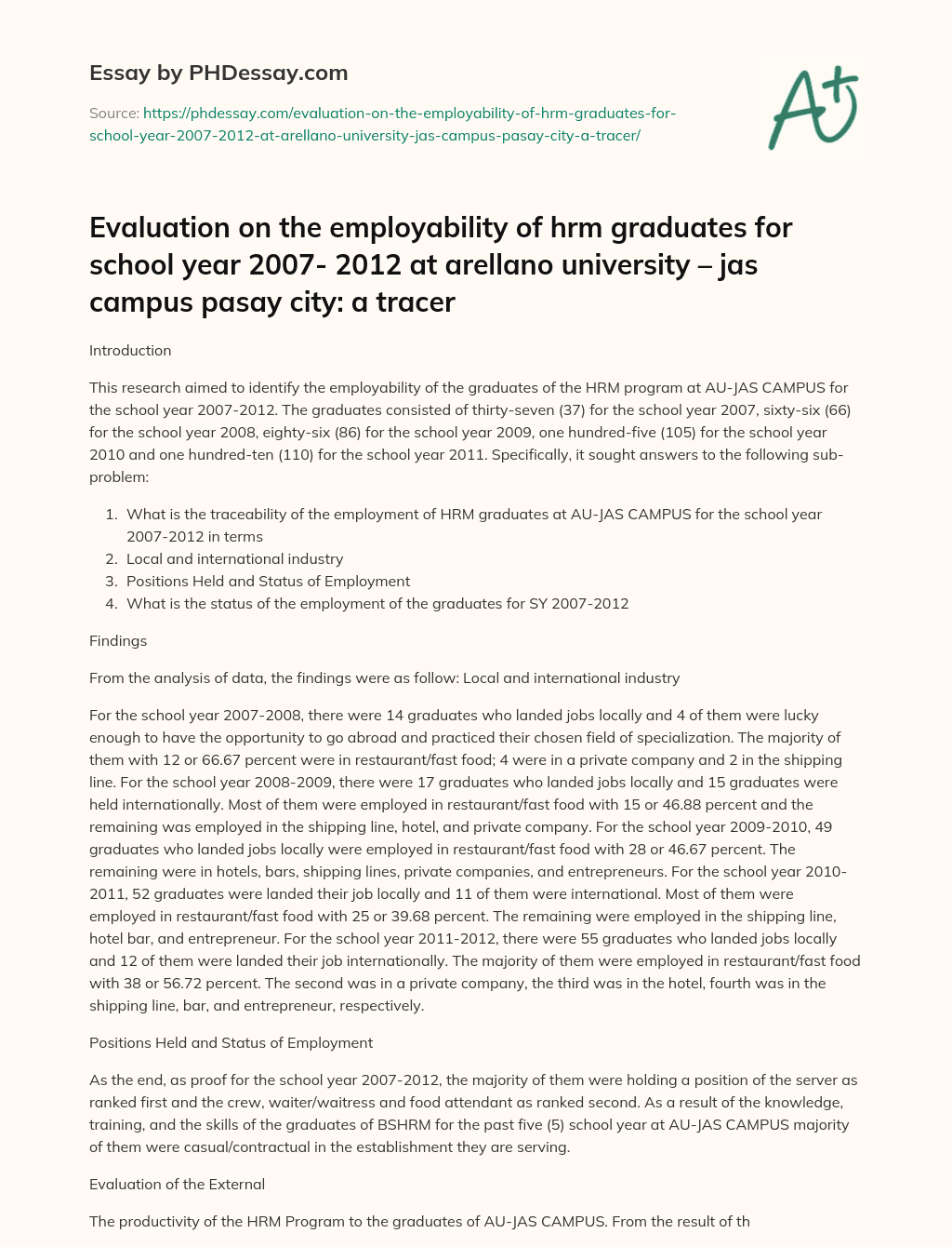 Employability of HRM graduates at AU-JAS Campus, 2007-2012: Local and International Industry Findings essay