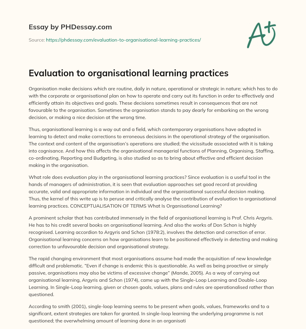 Evaluation to organisational learning practices essay