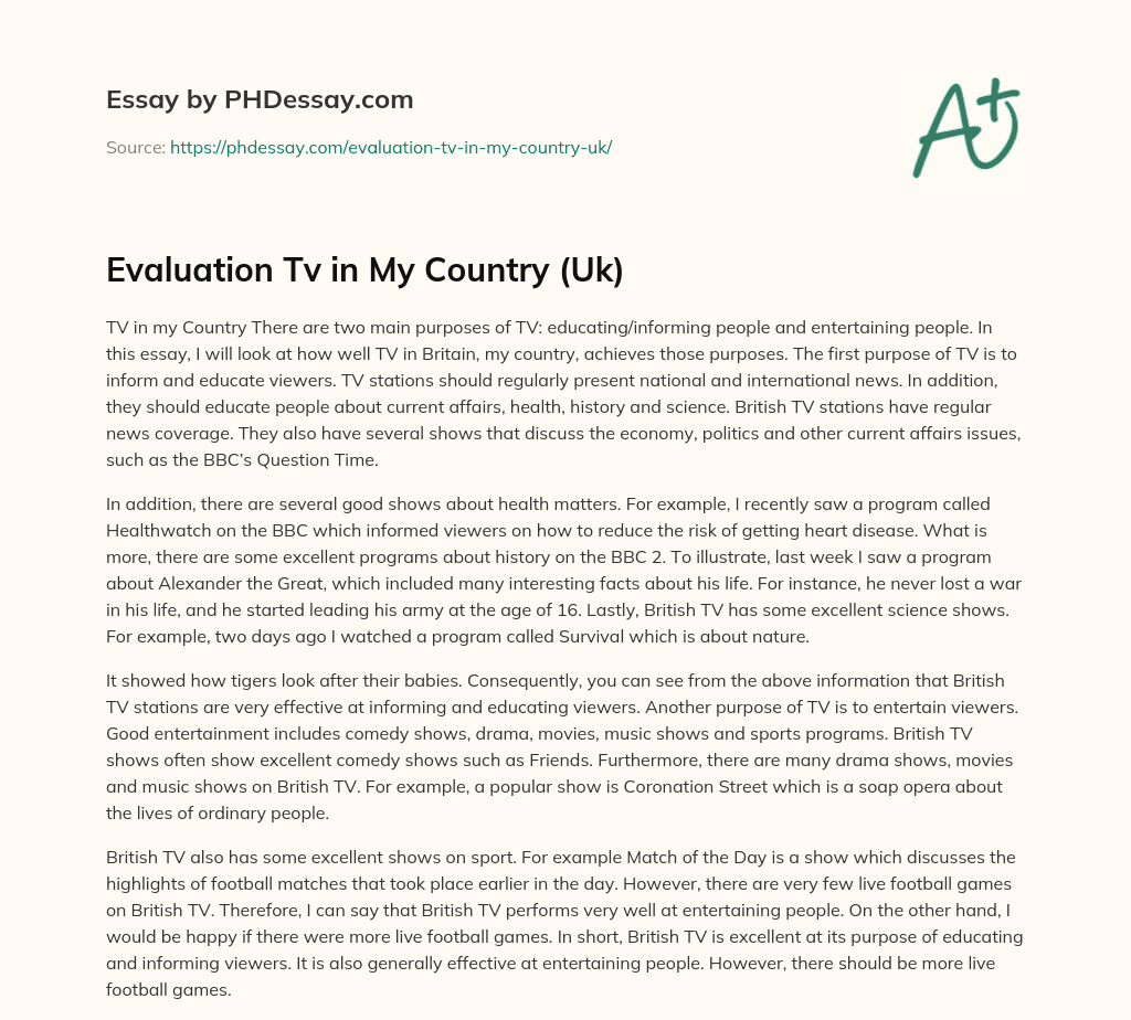 Evaluation Tv in My Country (Uk) essay