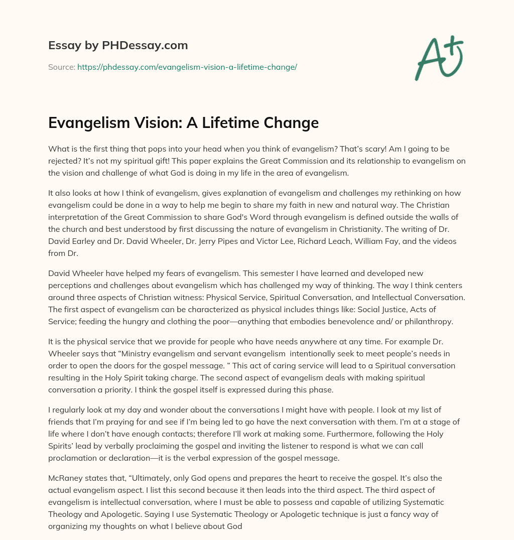 Evangelism Vision: A Lifetime Change essay