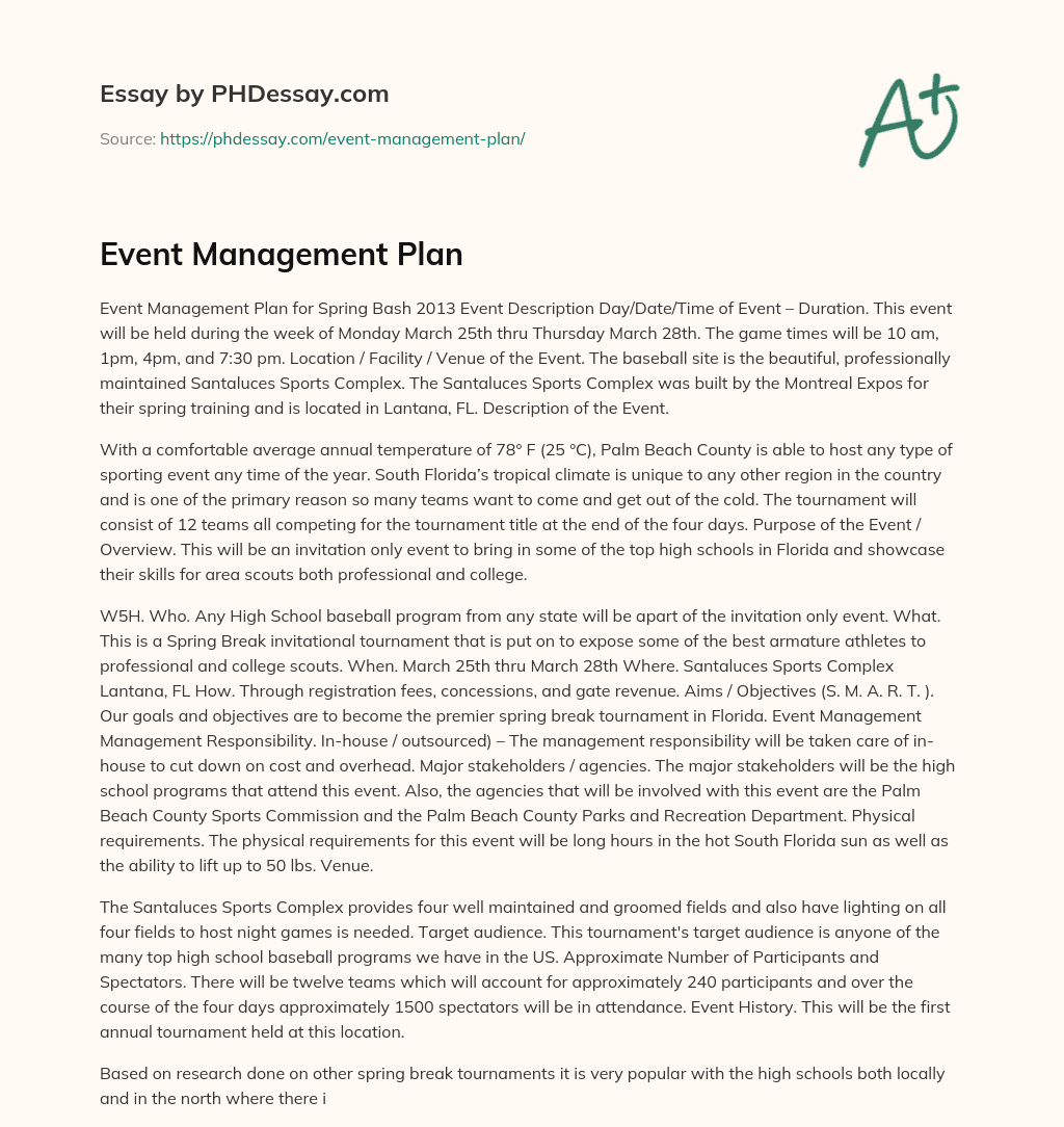 Event Management Plan essay