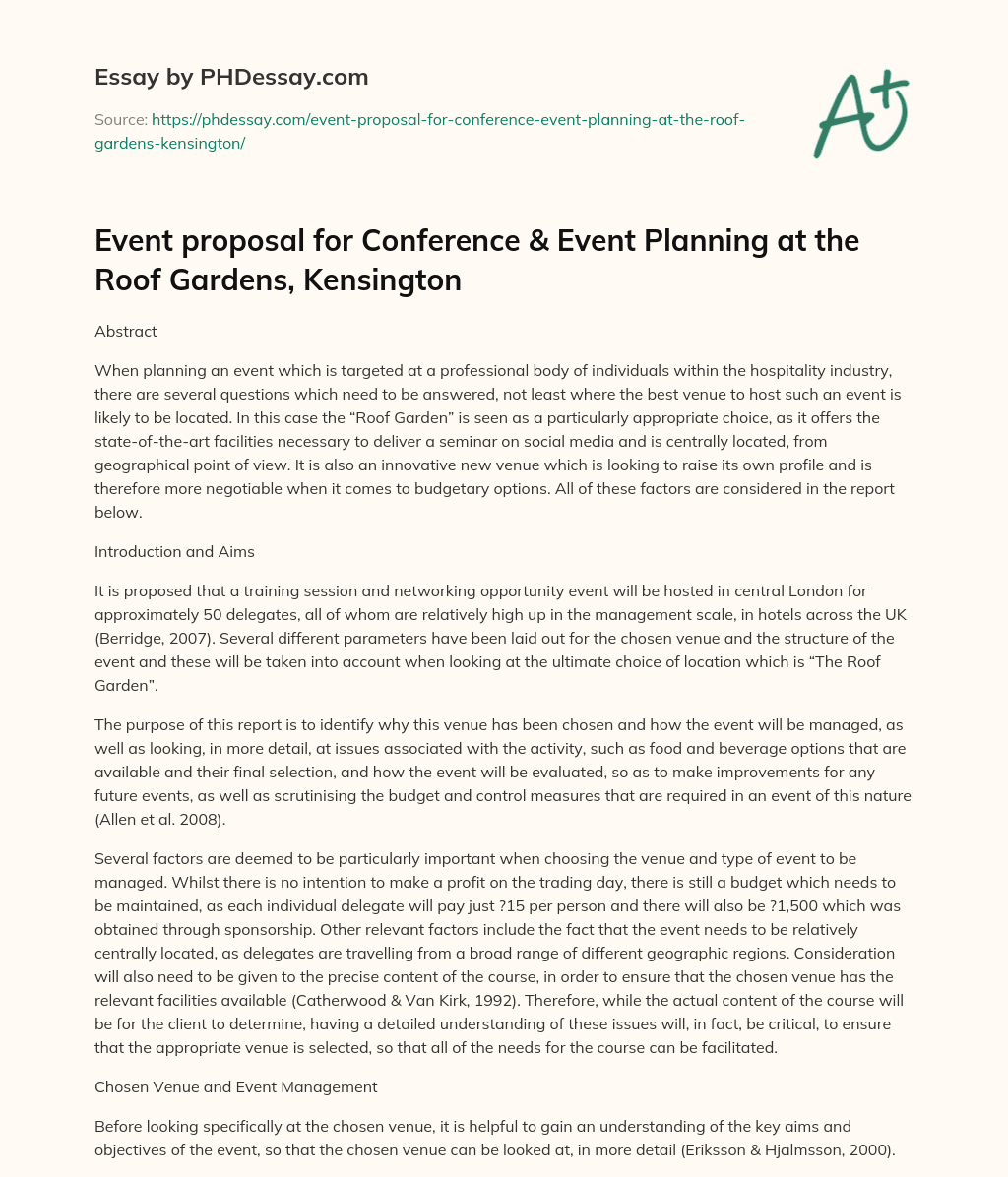 Event proposal for Conference & Event Planning at the Roof Gardens, Kensington essay