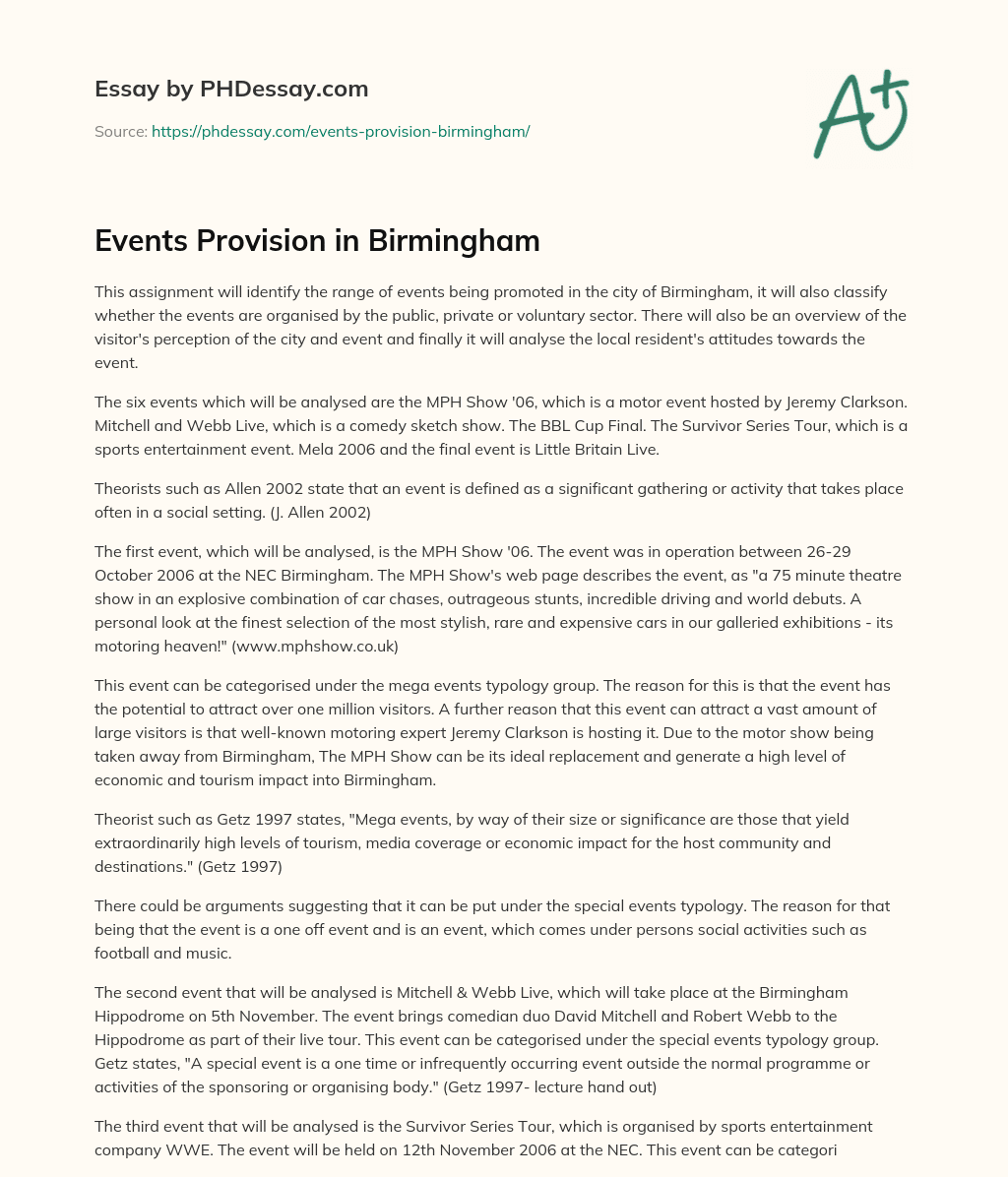 Events Provision in Birmingham essay