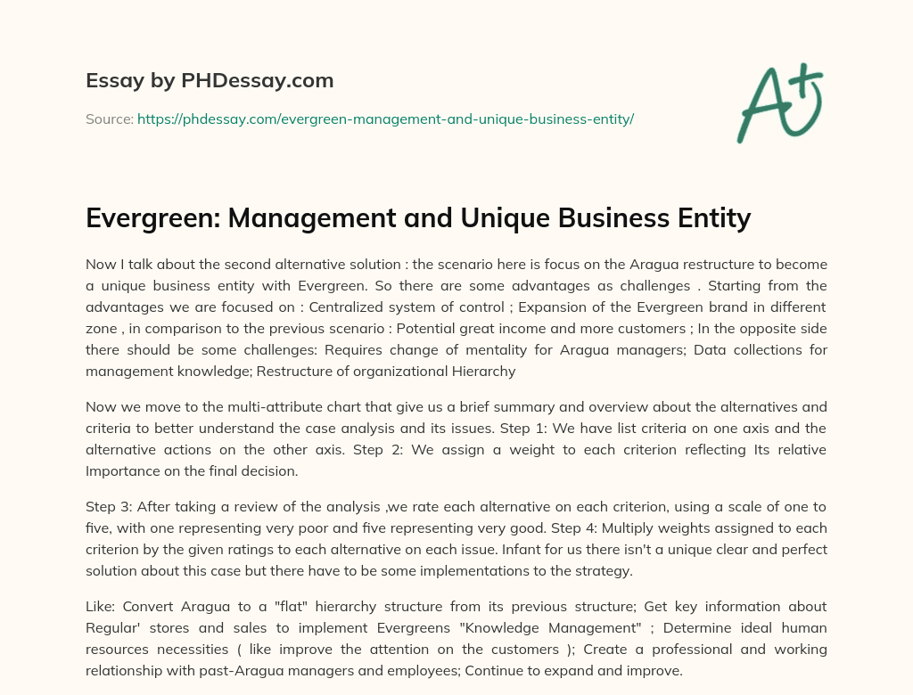 Evergreen: Management and Unique Business Entity essay