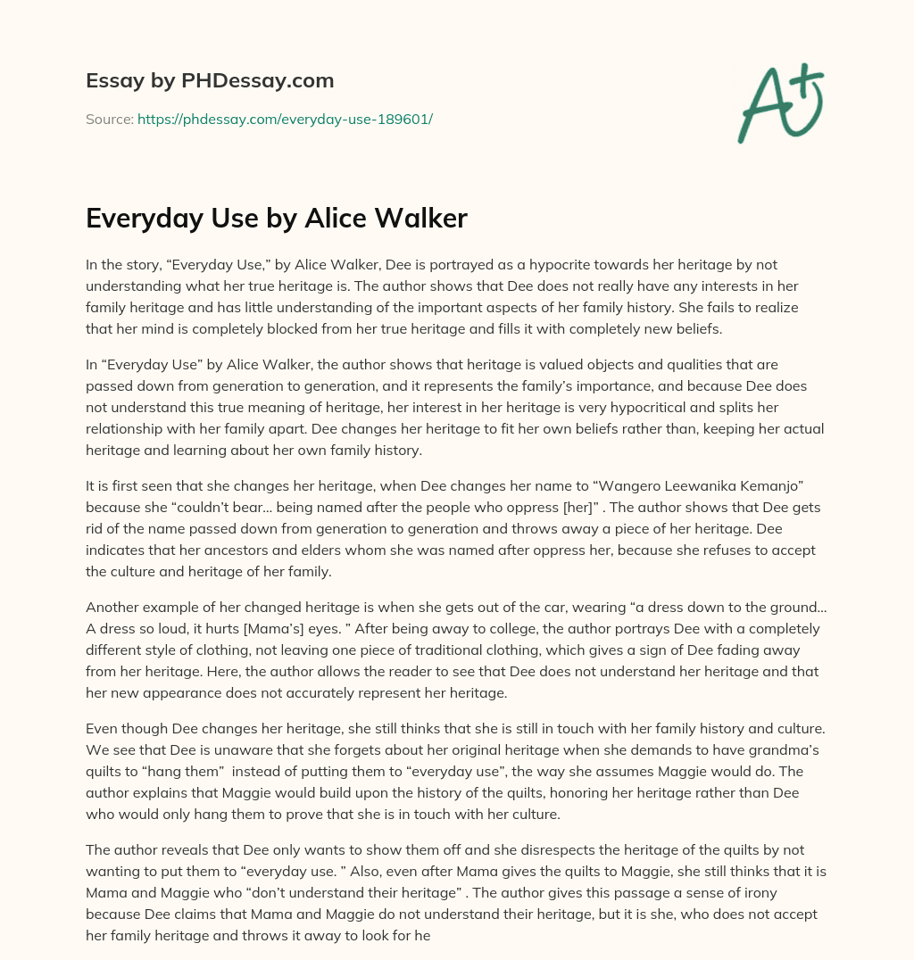 Hypocritical portrayal of heritage in Everyday Use essay