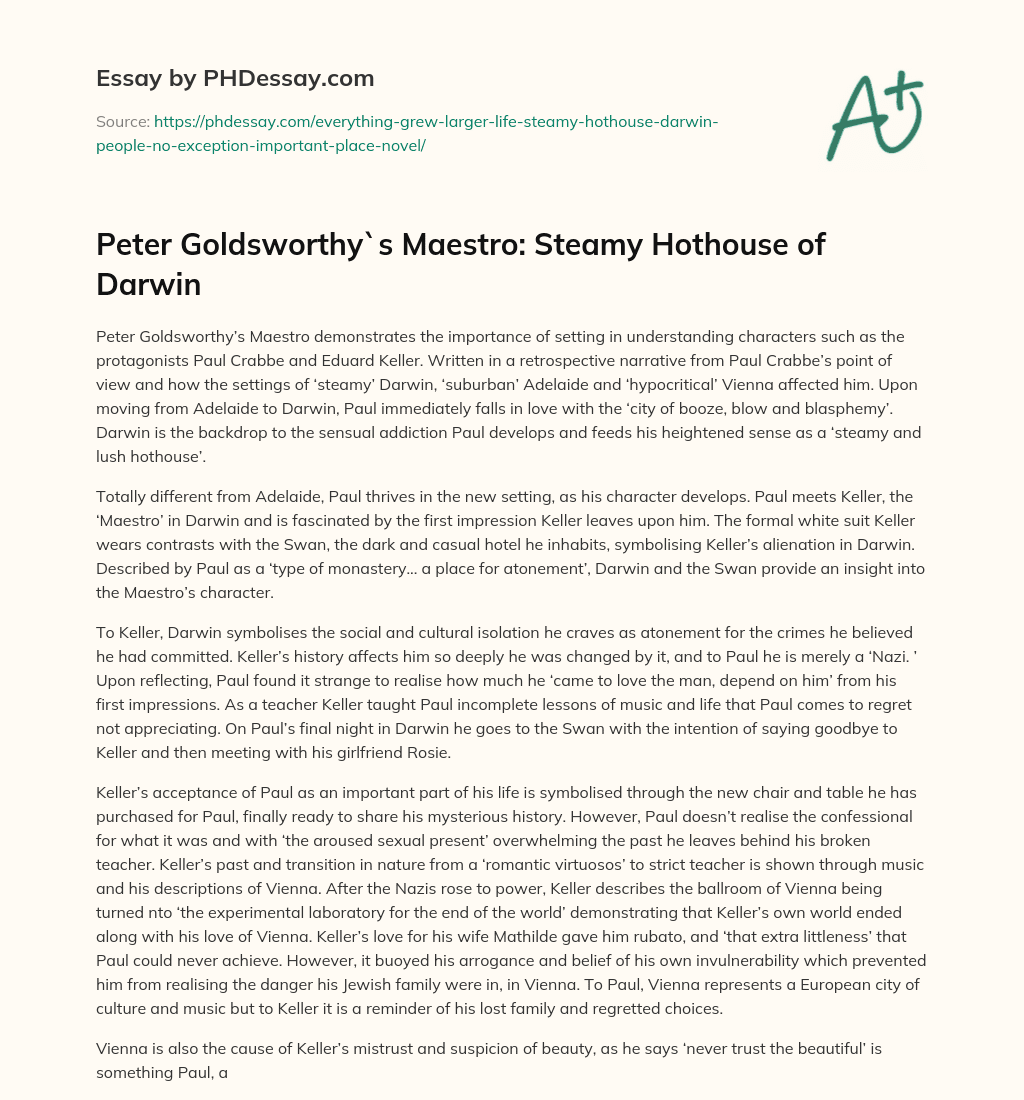 Peter Goldsworthy`s Maestro: Steamy Hothouse of Darwin essay