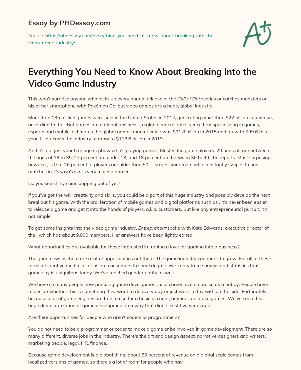 Everything You Need to Know About Breaking Into the Video Game Industry essay