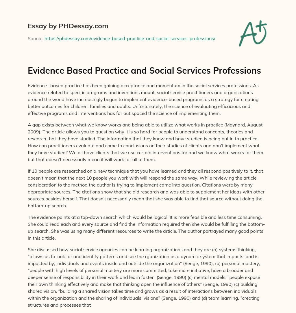 Evidence Based Practice and Social Services Professions essay