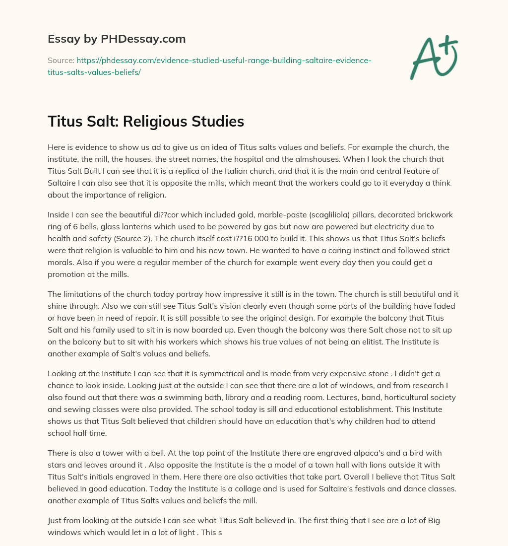 Titus Salt: Religious Studies essay