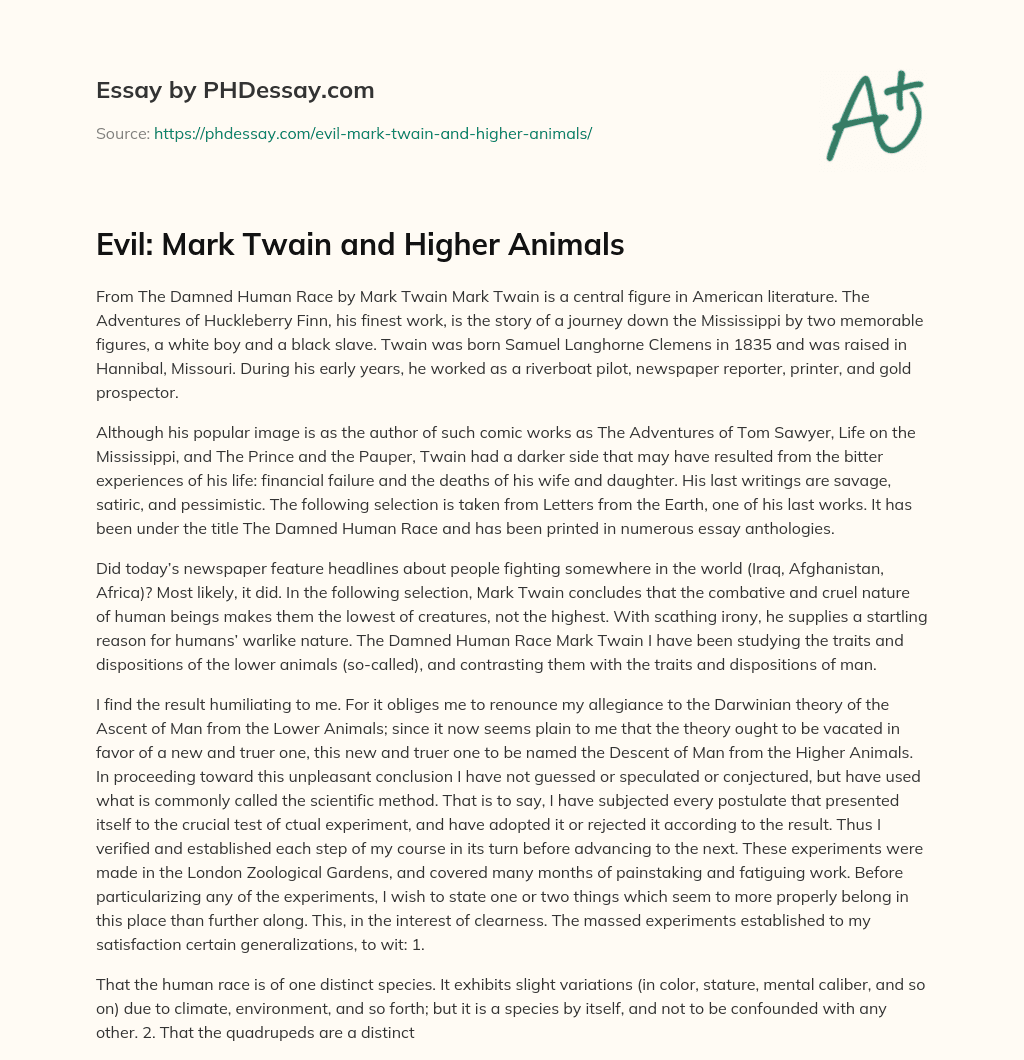 Evil: Mark Twain and Higher Animals essay