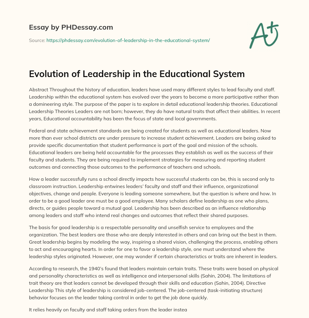 Evolution of Leadership in the Educational System essay