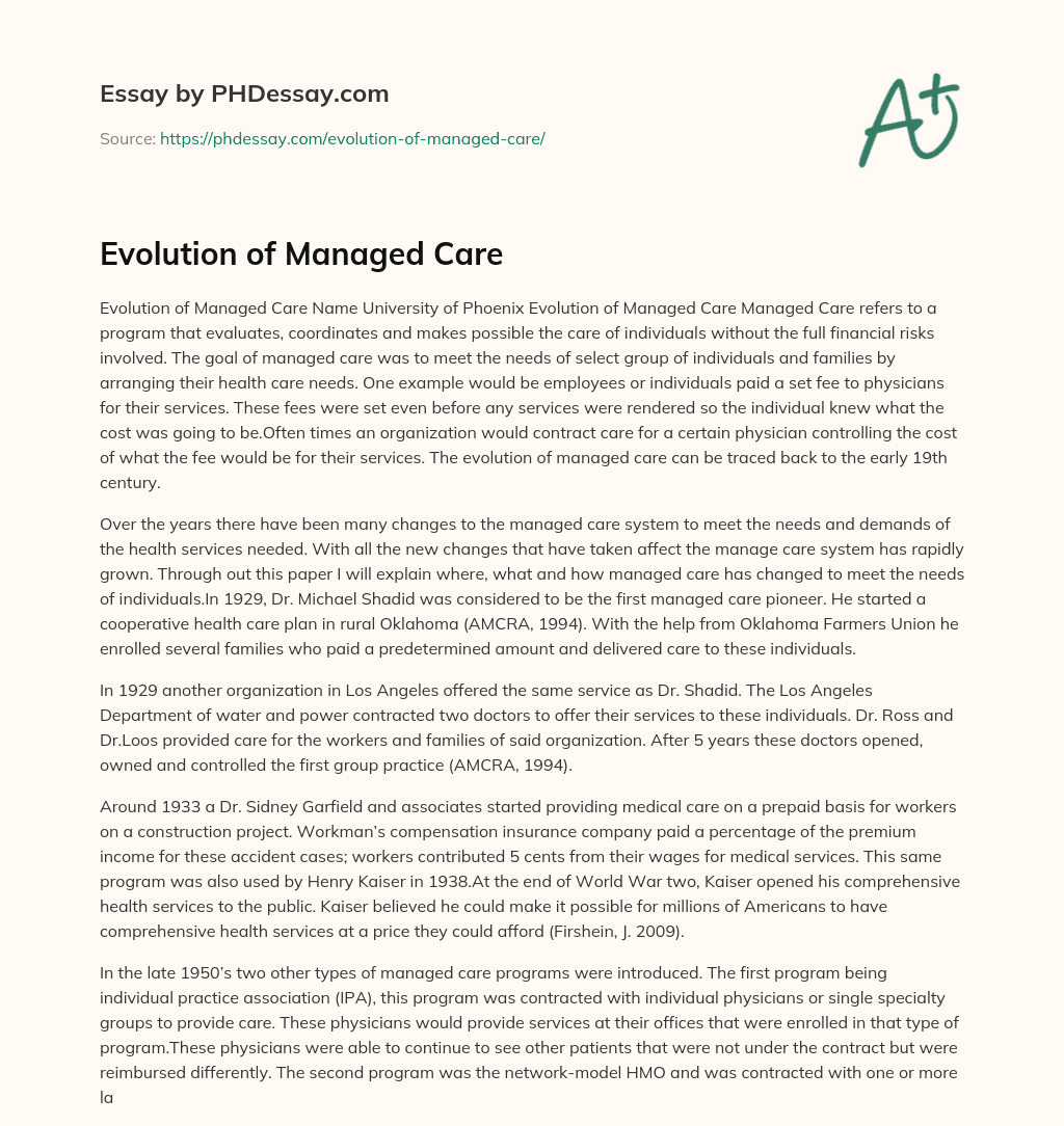 Evolution of Managed Care essay