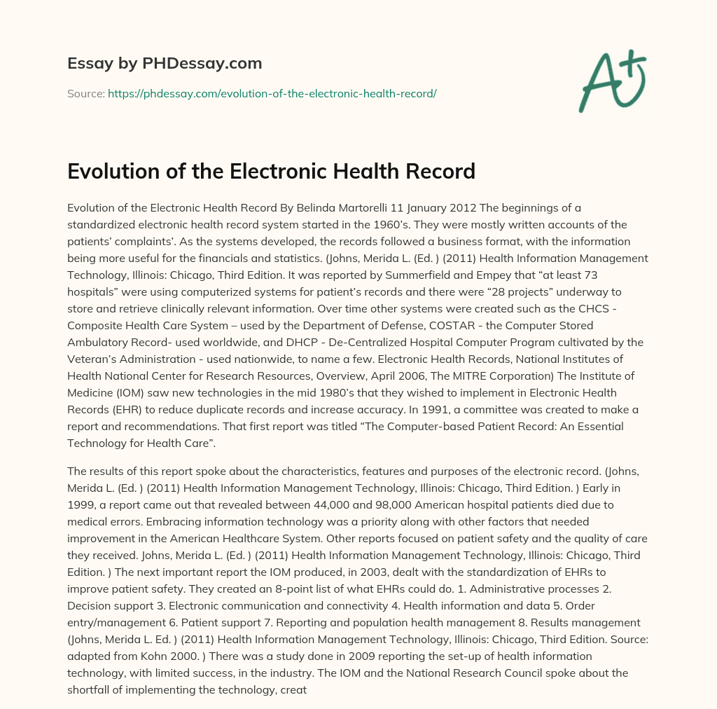Evolution of the Electronic Health Record essay