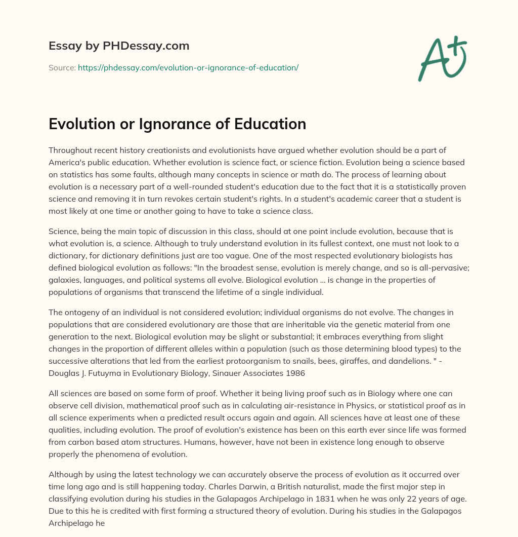 Evolution or Ignorance of Education essay