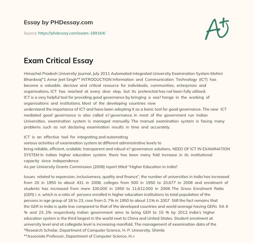 Exam Critical Essay essay