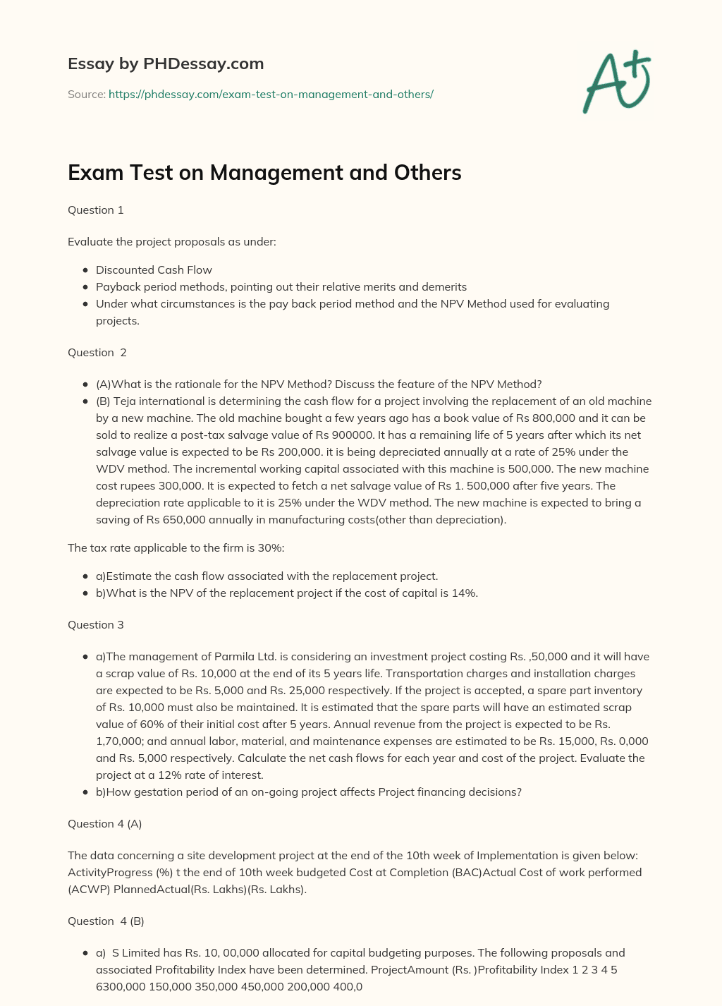 Exam Test on Management and Others essay