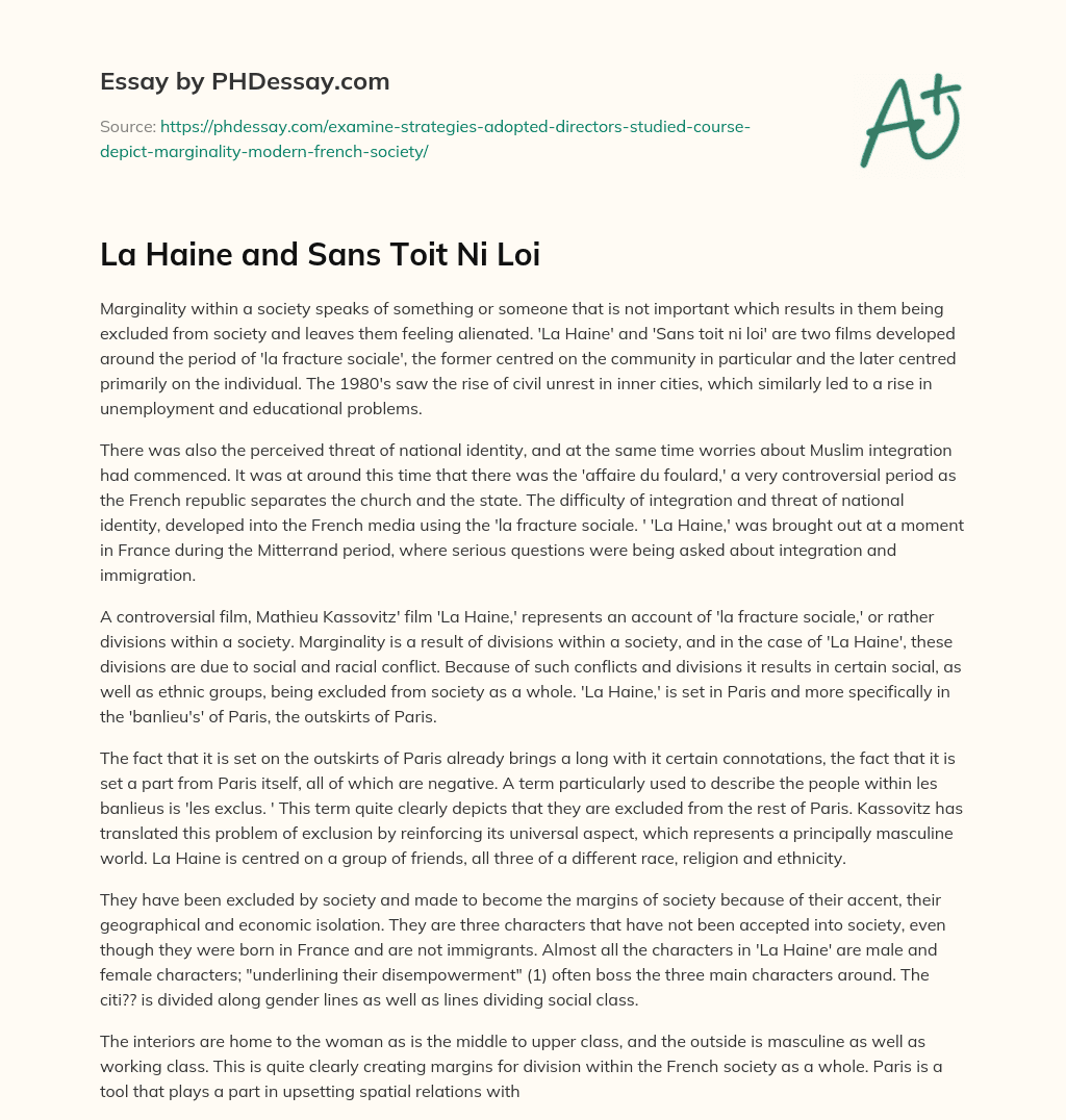 La Haine and Sans Toit Ni Loi essay