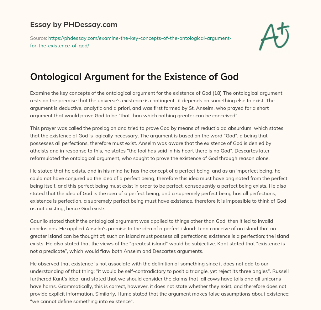the ontological argument proves the existence of god essay