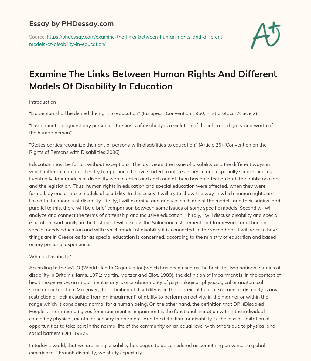Models of Disability and Their Impact on Human Rights in Education essay
