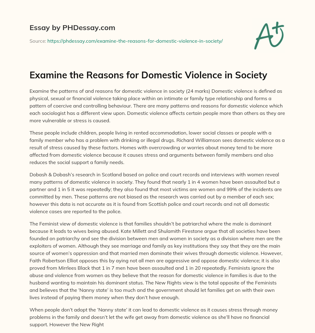 Patterns and Reasons for Domestic Violence in Society: Sociological Perspectives and Vulnerable Groups essay