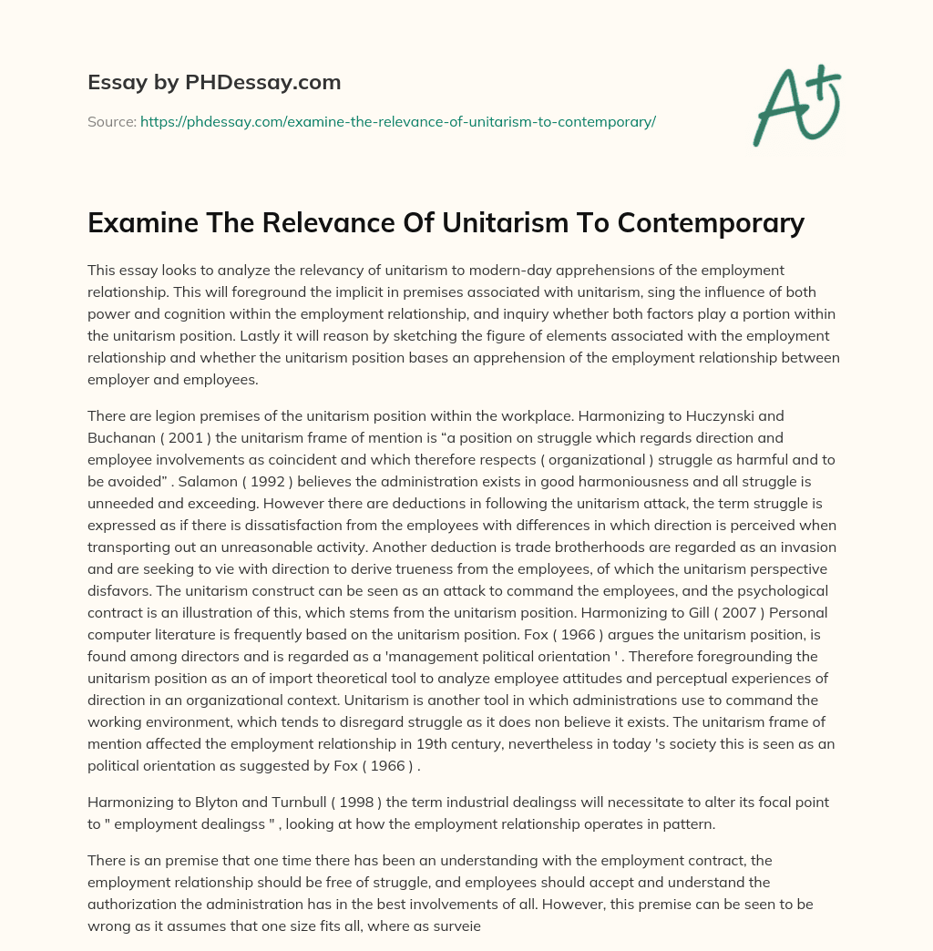 Analyzing the Relevancy of Unitarism in Modern Employment Relationships essay