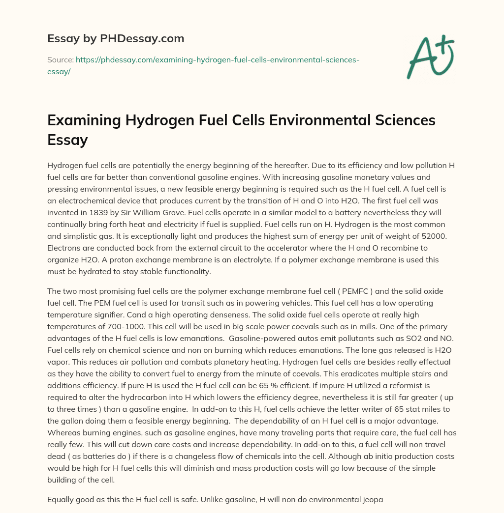 Examining Hydrogen Fuel Cells Environmental Sciences Essay essay