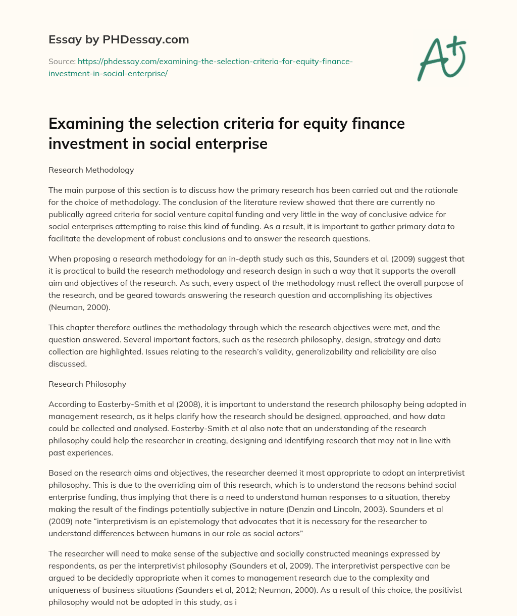 Examining the selection criteria for equity finance investment in social enterprise essay