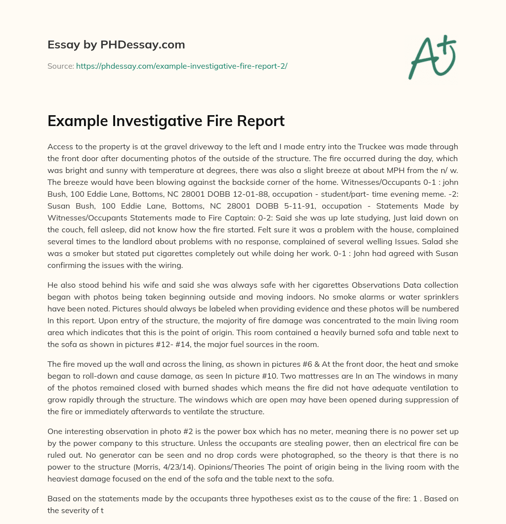 Example Investigative Fire Report essay