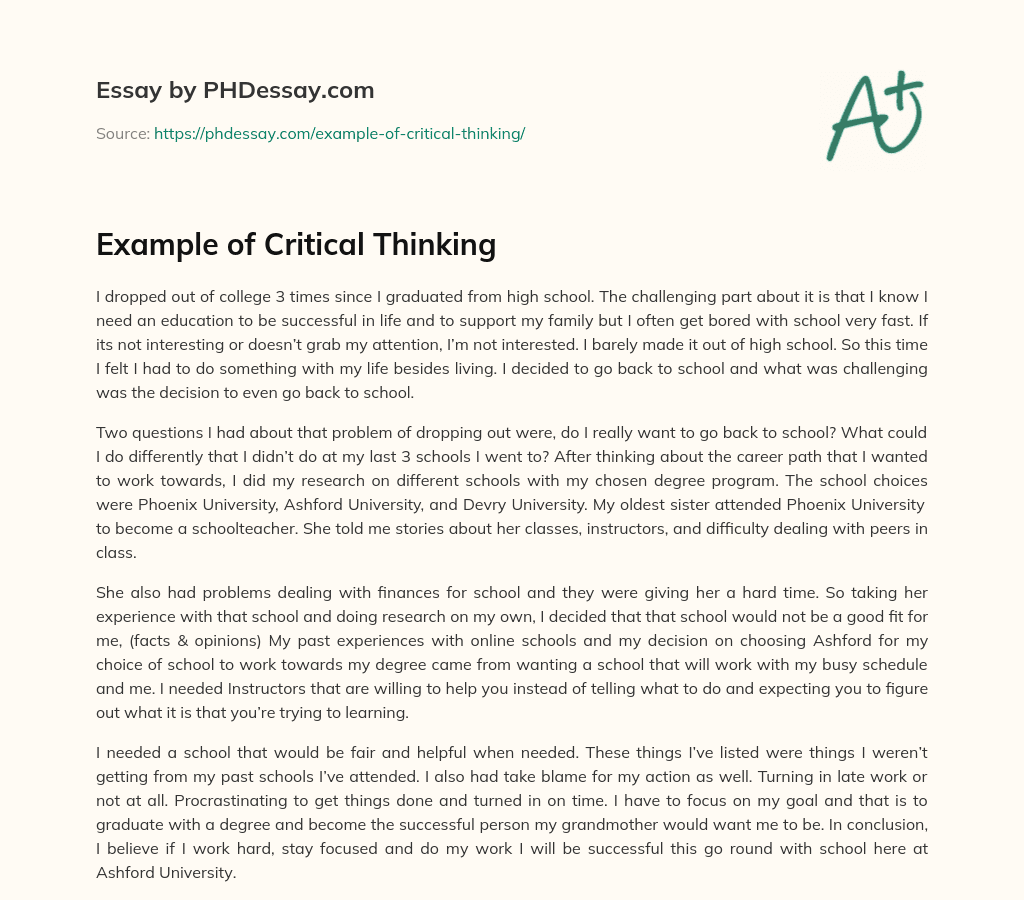 example essay of critical thinking