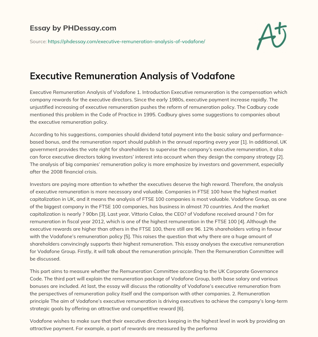 Executive Remuneration Analysis of Vodafone essay