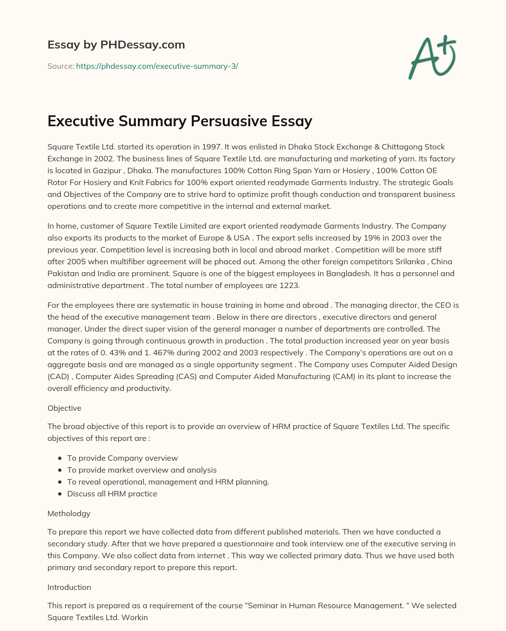 Executive Summary Persuasive Essay essay