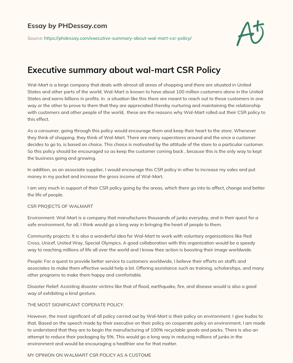 Executive summary about walmart CSR Policy
