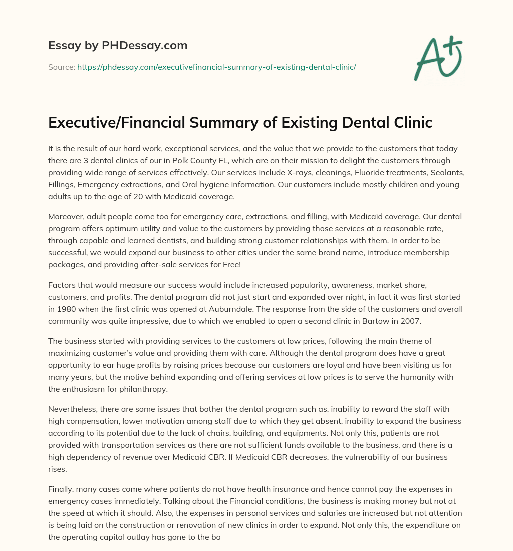 Executive/Financial Summary of Existing Dental Clinic essay