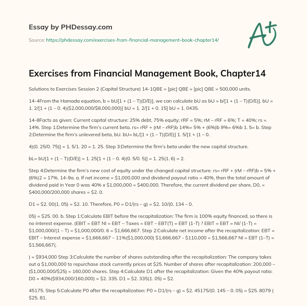 Exercises from Financial Management Book, Chapter14 essay