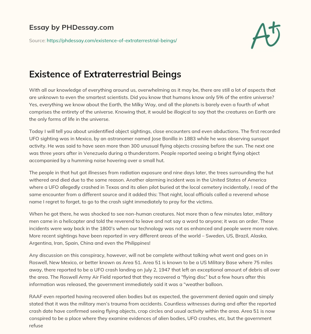 Existence of Extraterrestrial Beings essay