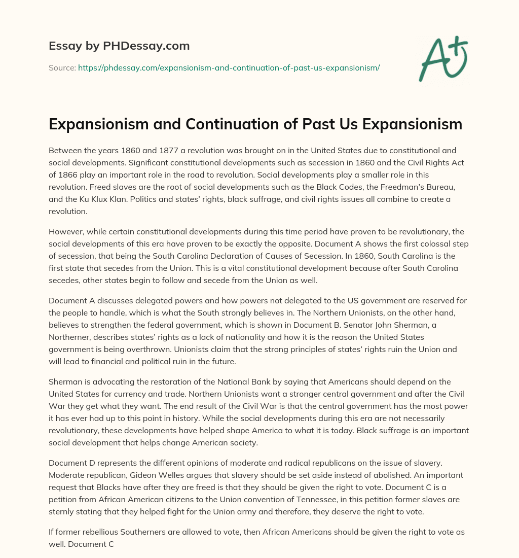 Expansionism and Continuation of Past Us Expansionism essay