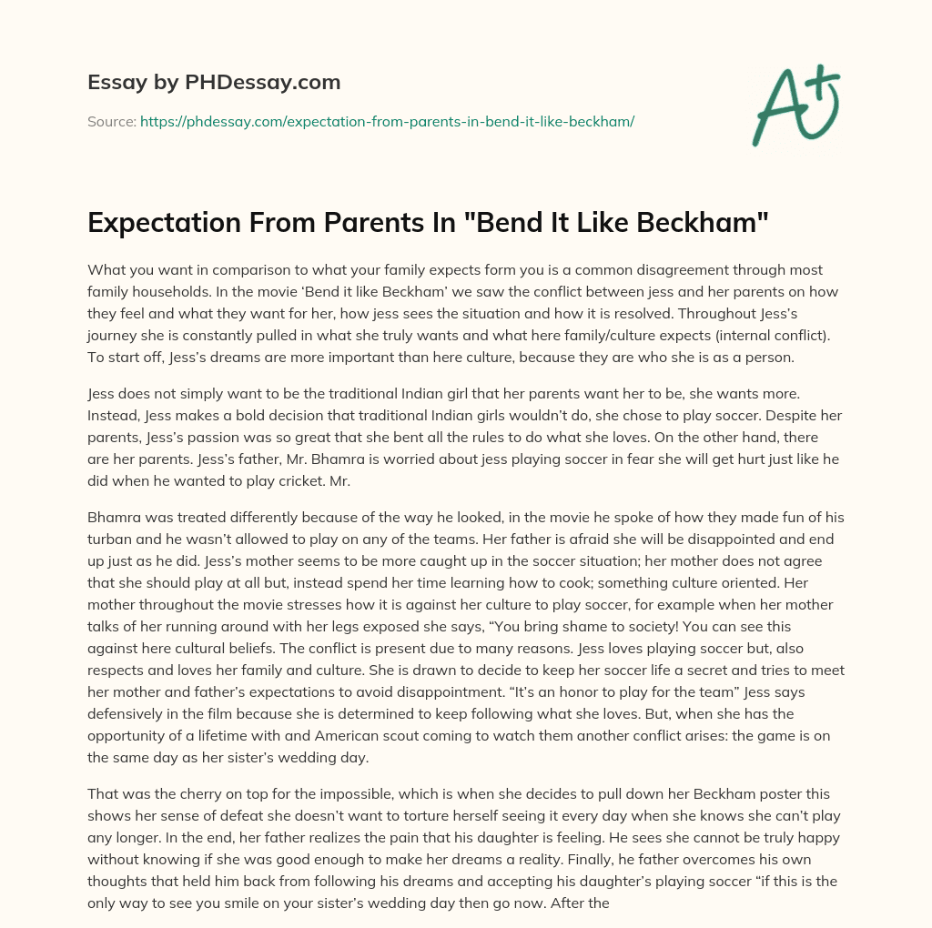 Expectation From Parents In “Bend It Like Beckham” essay