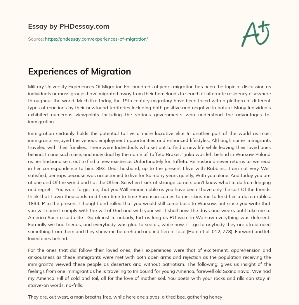Experiences of Migration essay