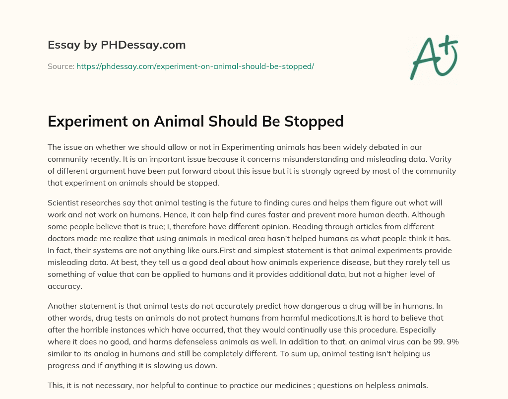 Experiment on Animal Should Be Stopped essay