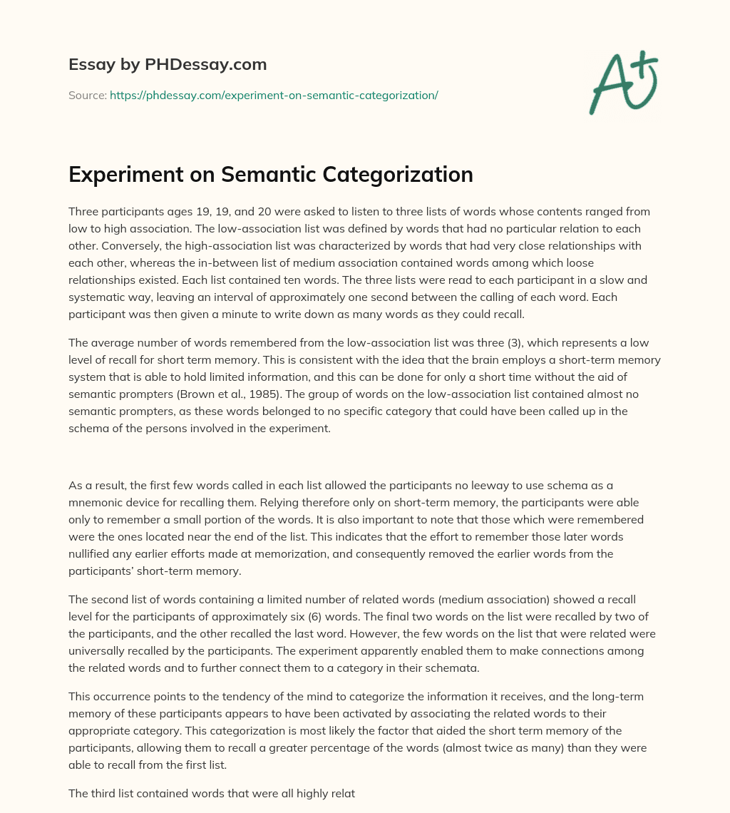 Experiment on Semantic Categorization essay