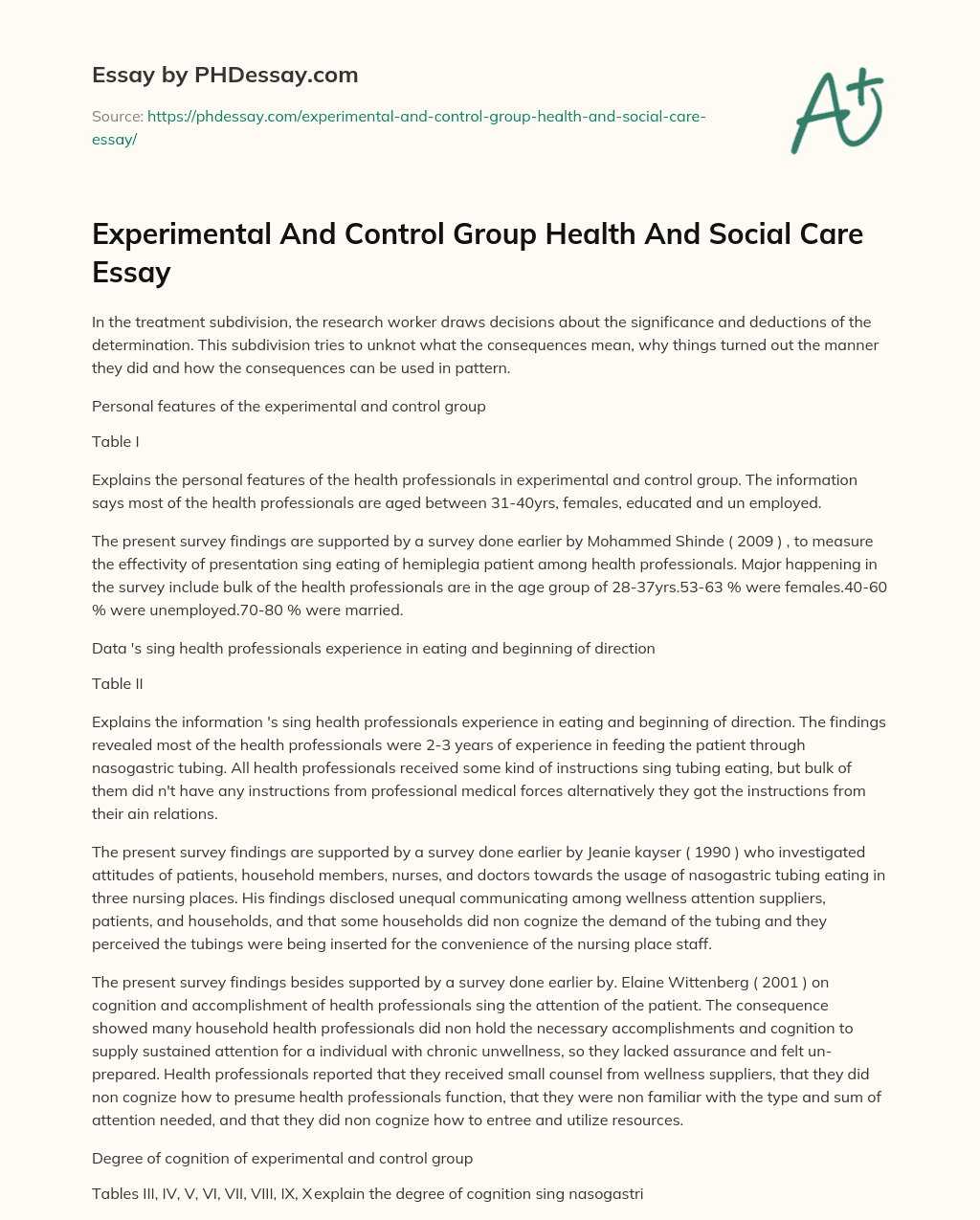 Experimental And Control Group Health And Social Care Essay essay