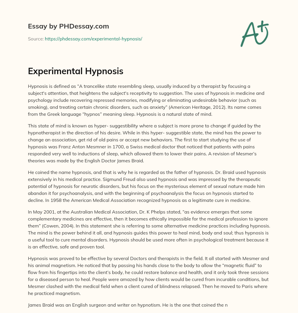Experimental Hypnosis essay