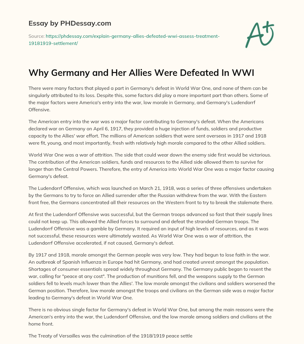 Why Germany and Her Allies Were Defeated In WWI essay