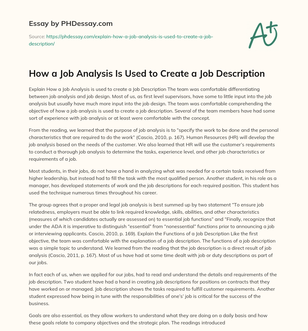 How a Job Analysis Is Used to Create a Job Description essay