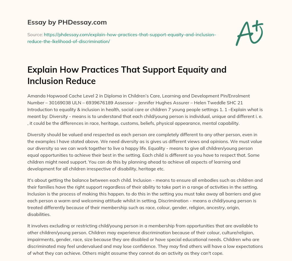 Explain How Practices That Support Equaity and Inclusion Reduce essay